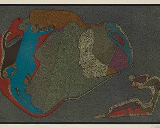 2161
Mihail Chemiakin
b. 1943
"Philosopher"
Lithograph in colors on paper
Edition: E.A.
Signed and inscribed in pencil in the lower margin: M. Chemiakin
Image: 25.25" H x 29.25" W; Sight: 27" H x 41.375" W
Estimate: $300 - $500