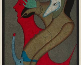 2164
Mihail Chemiakin
b. 1943
Untitled II From The "Carnival Of St. Petersburg Suite," Circa 1980
Lithograph in colors on paper
Edition: E.A.
Signed and inscribed in pencil in the lower margin: M. Chemiakin
Image: 24.125" H x 17.625" W; Sight: 28" H x 18" W
Estimate: $300 - $500