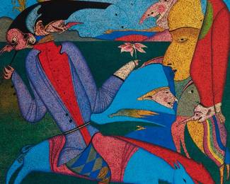 2166
Mihail Chemiakin
b. 1943
"Carnival At St. Petersburg"
Offset lithograph in colors on paper
With the printed signature lower right: M. Chemiakin
Sight: 16.375" H x 14.5" W
Estimate: $50 - $100