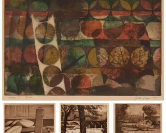 2176
John Henry Page Jr. (B. 1923)
Four works:

"Series O," 1954
Etching in colors on paper
Edition 9/24
Signed, titled, dated, and numbered in pencil in the lower margin: J. Page
Plate: 12" H x 18" W; Sight: 12.75" H x 18.5" W

"River Series 3," 1964
Etching in brown ink on paper
Edition 2/20
Signed, titled, dated, and numbered in pencil in the lower margin: J. Page
Plate: 4.5" H x 6" W; Sight: 5" H x 6.325" W

"River Series 6," 1964
Etching in brown ink on paper
Edition: 2/20
Signed, titled, dated, and numbered in pencil in the lower margin: J. Page
Plate:4.75" H x 5.75" W; Sight: 5.125" H x 6.25" W

"River Series 7," 1964
Etching in brown ink on paper
Edition: 2/20
Signed, titled, dated, and numbered in pencil in the lower margin: J. Page
Plate: 4.75" H x 5.75" W; Sight: 5.25" H x 6.325" W
Estimate: $200 - $300