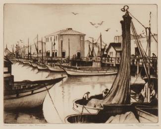2179
Gene Kloss
1903-1996
"Fisherman's Wharf - San Francisco," 1935
Etching and drypoint on paper
Signed and titled in pencil in the lower margin: Gene Kloss; titled again on a gallery label affixed to the frame's backing board
Plate: 6.875" H x 9" W; Sight: 7.5" H x 9.5" W
Estimate: $400 - $600