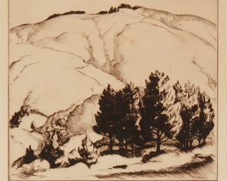2180
Gene Kloss
1903-1996
"Claremont Hills"
Etching and drypoint in brown ink on paper
Signed and titled in pencil in the lower margin: Gene Kloss
Plate: 7" H x 8" W; Sight: 7.75" H x 8.625" W
Estimate: $500 - $700