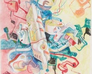 2178
Edward Beckett
20th century
"Incipient R.U.R." From The "Of Self Series," 1988
Monotype in colors with colored pencil on paper
Signed and titled in pencil in the lower margin: Edward Beckett; signed again, titled, and dated on a label affixed to the frame's backing board
Image: 17" H x 14" W; Sight: 17.5" H x 14.25" W
Estimate: $300 - $500