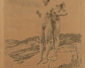 2181
Anders Zorn
1860-1920
"The Two," 1916
Etching on paper
Signed in pencil in the lower margin, at right: Zorn
Plate: 7.75" H x 5.75" W; Sight: 9" H x 6.25" W
Estimate: $200 - $400