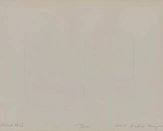 2185
Sondra Mayer
20th century
"Deluxe Roll," 1978
Blind embossing on paper
Edition: LXIX/CXXV
Signed, titled, dated, and numbered in pencil in the lower margin: Sondra Mayer
Plate: 10.5" H x 14.25" W; Sight: 11.75" H x 15.5" W
Estimate: $500 - $700