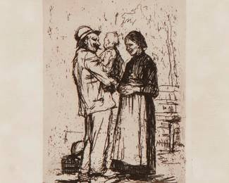 2183
Kathe Kollwitz
1867-1945
"Bergrüssung (The Greeting)," 1892
Etching on paper
Signed lower right: Kathe Kollwitz
Plate: 4.75" H x 3.5" W; Sight: 5.375" H x 5.25" W
Estimate: $300 - $500