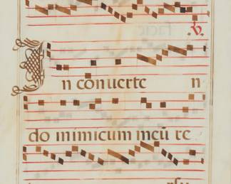 2186
17th century or later
A 17th Century Continental Leaf Of Antiphonal Music
The ink on vellum with Latin script
Sight: 24" H x 15.5" W
Estimate: $400 - $600