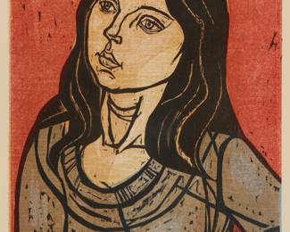 2190
Irving Amen
1918-2011
"Susan"
Woodcut in colors on paper
Edition: V/C
Signed, titled, and numbered "V/C" and "unique color" in pencil in the lower margin: Amen
Image: 17" H x 11" W; Sight: 18" H x 13" W
Estimate: $500 - $700