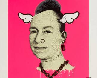 2191
Dean "D*Face" Stockton
b. 1978
"More Punk Thank You Punk (Fluorescent Pink)," 2009
Screenprint in colors on paper
Edition: AP 9/16
Signed, numbered, and inscribed [A/P] in pencil in the lower margin, at left: D*Face; with the artist's and Stolen Space blindstamps in the lower margin, at left; Stolen Space, London, England, pub.
Image: 19.75" H x 19.75" W; Sheet: 23.625" H x 23.625" W
Estimate: $500 - $700