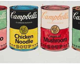 2196
Steve Kaufman
1960-2010
Campbell's Soup Cans
Screenprint in colors on canvas
Edition: 27/50
Signed and numbered in black marker, verso: SAK
19" H x 44" W
Estimate: $300 - $500