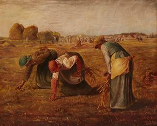 2198
After Jean-Francois Millet
1814-1875
"The Gleaners"
Oil on canvas
Bears signature lower right: J.F. Millet
24" H x 30" W
Estimate: $600 - $800