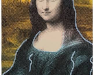 2195
Dan Funs (Aka Ringo 4u2c)
20th/21st century
Mona Lisa
Screenprint and mixed media in colors on canvas
Signed and inscribed lower right: 4u2c / R-57; with a coral-colored screenprinted inscription and image of Andy Warhol, verso
15.625" H x 11" W
Estimate: $300 - $500