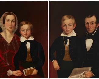 2201
19th Century American School
Two works:

Father and child portrait
Oil on canvas
Unsigned
36.25" H x 29.25" W

Mother and child portrait
Oil on canvas
Unsigned
36.25" H x 29.25" W
Estimate: $400 - $600