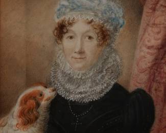 2203
19th Century English School
Gentlewoman with lace and spaniel dog
Mixed media on panel
Appears unsigned
Sight: 5.625" H x 5.25" W
Estimate: $300 - $500