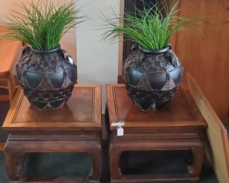 pair of Baker end tables w/burl wood top, wicker wrapped pottery  