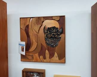 mid-century modern cubist design wood and copper art by listed artist Harold Nosti