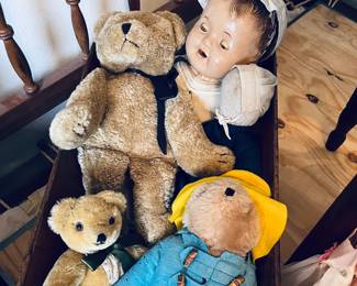 Upper right: Compositions baby. $35
Upper left: Teddy bear: $10
Lower left: Mohair bear: $25
Lower right: Paddington bear: $15