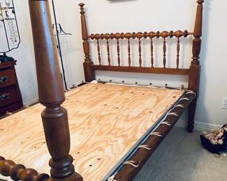 1800's rope bed. Includes custom mattress, custom mattress cover, and 2 bed skirts. Estate sale price: $599 for all.