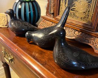 Tonala Jalisco Mexico. Black Burnished Etched Folk Art Birds. Estate sale price: $35 each.