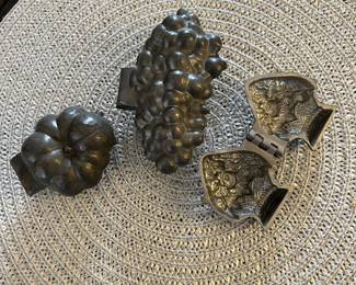 Antique pewter ice cream molds.
Left: Tomato. $35
Center: Grapes. $60
Right: Flowers in basket. $50