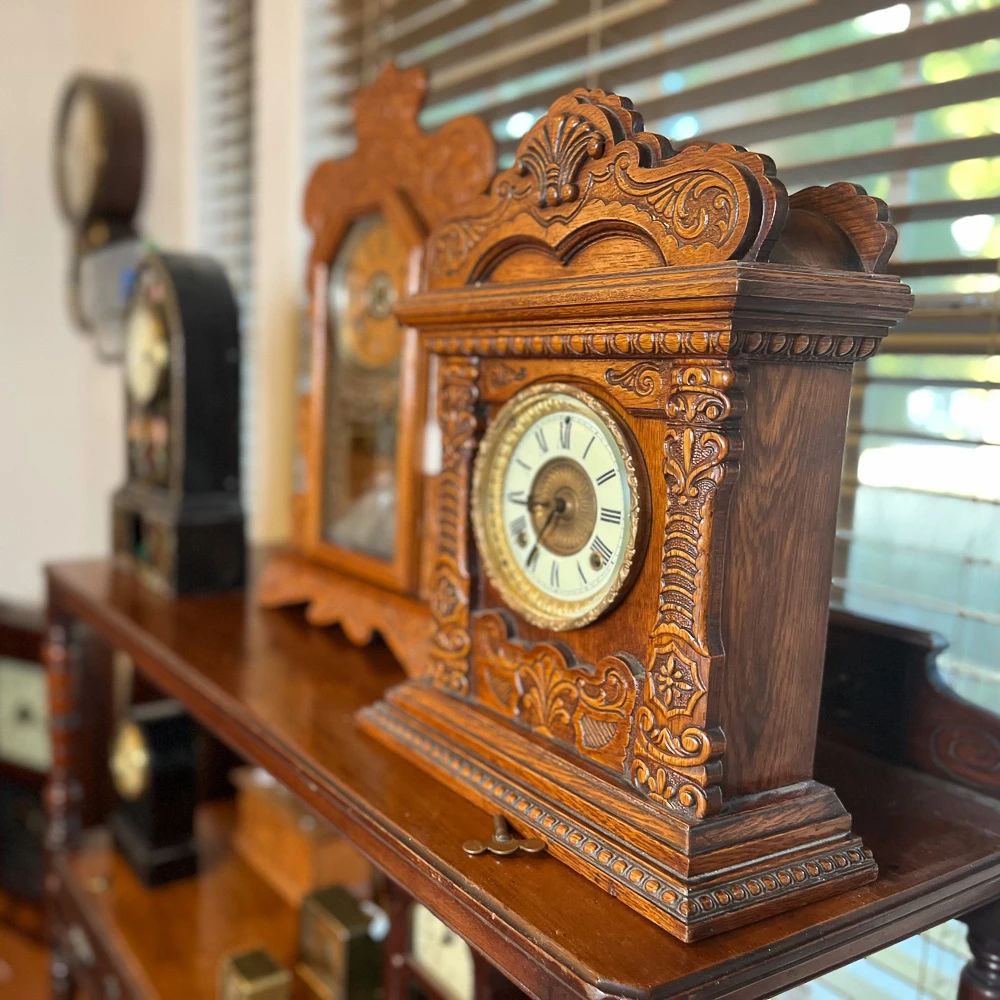 1880's Ansonia 8-Day "Magenta" mantle clock. Approx. 17 inches tall. Fully functioning. Estate sale price: $195