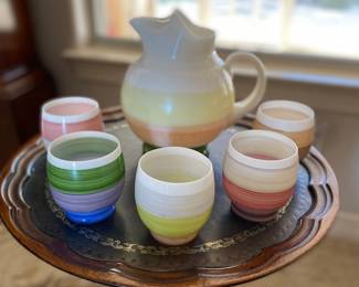 Milk Glass Pitcher with matching glasses. Estate sale price: $25 (pitcher) and $7 each glass