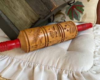 Small embossed wood rolling pin. Folk design. Estate sale price: $20