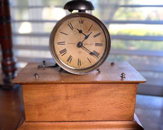 Rare Ansonia alarm on birdseye maple box. Estate sale price: $95