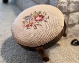 Antique cross stitch foot stool. Estate sale price: $30