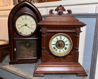 Front: Ansonia "Sharon" mahogany stained case. Estate sale price: $150
Back: Wuersch Fall River Mass wall clock in solid cherry wood. Estate sale price: $125