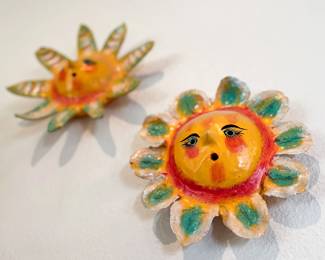 Made in Guerrero, Mexico. Folk art coconut mask. These masks are made from coconut shell and then built up with clay and other seed pods or leaves. 
Estate sale price: $20 each