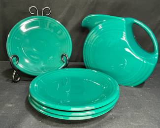 Fiestaware Water Pitcher & Four Dk Green 7" Plates