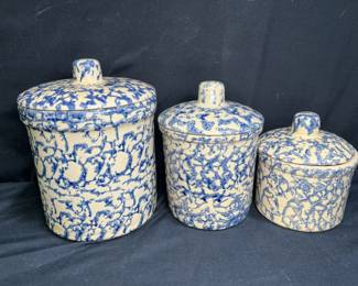 3 Robinson-Ransbottom Spongeware Blue Canisters