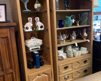 Wooden bookshelf with glass shelves & cabinet $220 Wooden bookshelf with 3 shelves and 3 drawers $420