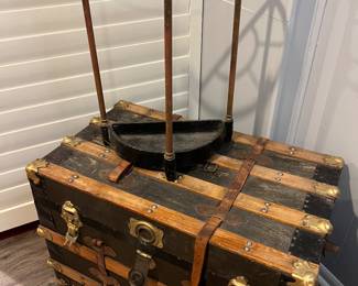 Antique Brass & Iron Umbrella Stand. Antique Trunk