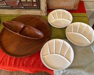 Mid-Century Modern Plates and Teak / Monkey Pod Wood Serving Plates
