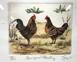Signed & Painted Chicken Plate Etching, 1997
