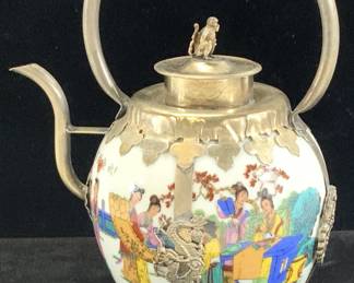 Hand Painted Porcelain Asian Teapot, Sgn
