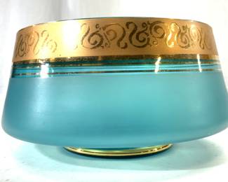Bohemian Glass Gilt Rim Bowl Vessel Blue
