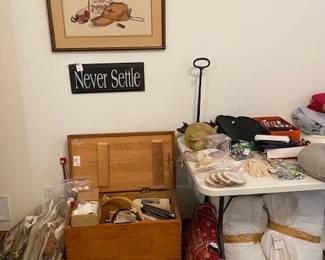 vintage sewing chest, cross stitch accessaries, cross stitched picture