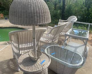 wicker lamps, tables chairs