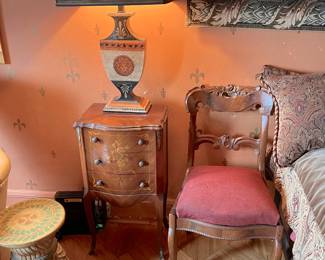 Empire style lamp, Victorian chair, side table.