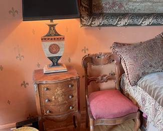 End table, walnut Victorian side chair, tassel table.