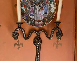 Chinese painted plate and candle sconce.