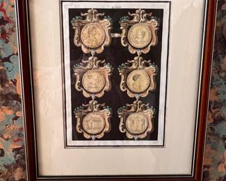 Hand colored etching of Roman coins,21"x17".