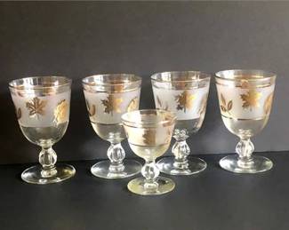 Mid Century Libby Frosted Golden Foilage Barware 