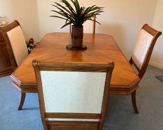 "Arcese" Dining Set Set, made in Canada. Table has            1 Leaf, 6 Side Chairs with Ivory Upholstery.