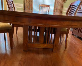 #4	Wood mid century style dining table with 6 arm chairs and 2 leaves 68-90x42x30	 $375.00 			
