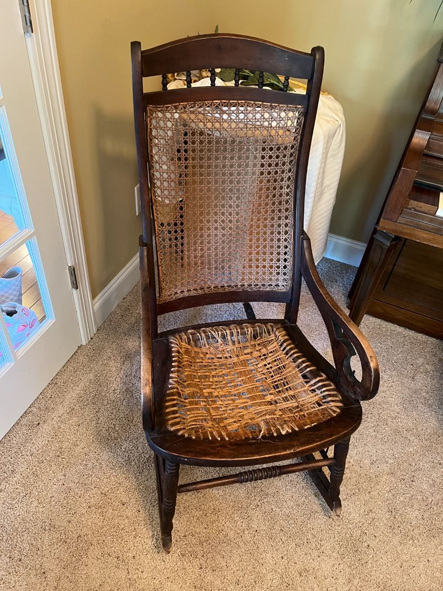 #12	Wood Rocking Chair w/cane Back & Rope Seat (as is)	 $75.00 			
