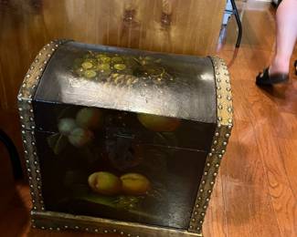 #50	black trunk painted with fruit metal strip and nailhead trim 17x14x18	 $100.00 			
